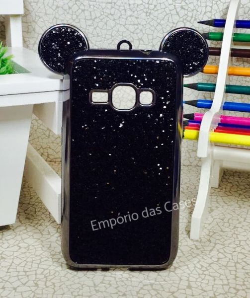 Case Minnie Luxo Orelha Strass Preto Galaxy J1