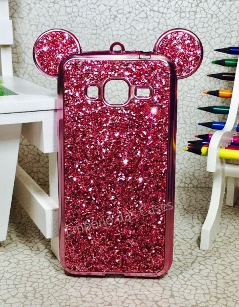 Case Minnie Luxo Orelha Strass Rosa Galaxy J5 J500