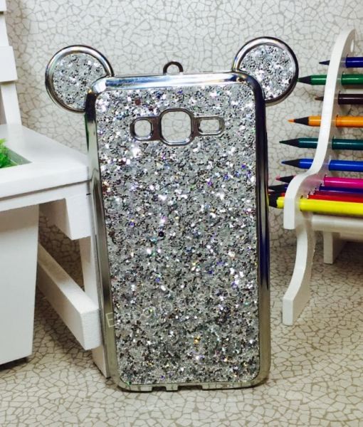 Case Minnie Luxo Orelha Strass Prata Galaxy J7 J700